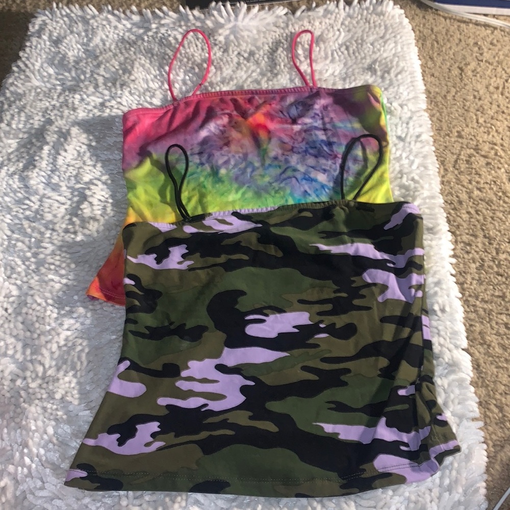 Comes as a set. Rue 21 tank top. In rainbow and purple camo. Too small to wear
